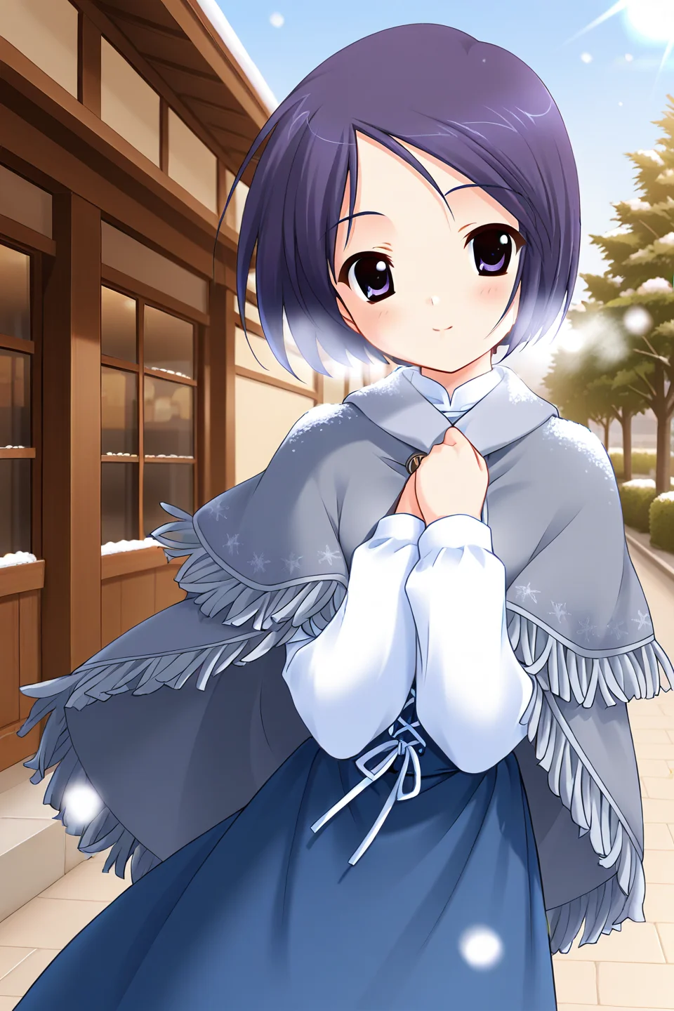 masterpiece, best quality, absurdres, official art, official style, rating general BREAK <lora:katsurazawahonami_IL_v1-2:0.7>, katsurazawa honami, 1girl, solo, purple eyes, purple hair, short hair, bob cut, parted bangs, swept bangs, small breasts BREAK winter clothes, grey capelet, layered capelet, grey cape, grey poncho, snowflake print, fringe trim, buttons, white shirt, long sleeves, blue dress, blue corset, cross-laced corset, blue skirt, long skirt, light smile, blush, closed mouth, breath, looking at viewer, standing, head tilt, cowboy shot, outdoors, snowing, nature, day, wind lift, floating hair, hands on own chest, own hands together