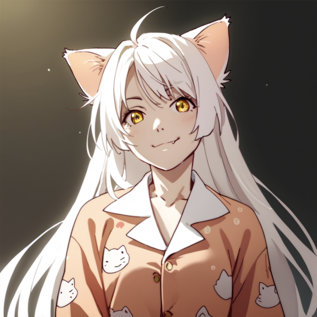 score_9, score_8_up, score_7_up, score_6_up, score_5_up, score_4_up, source_anime, , Hanekawa, long hair, yellow eyes, white hair, fang, cat ears, cat girl, pajamas, , soft smile, portrait