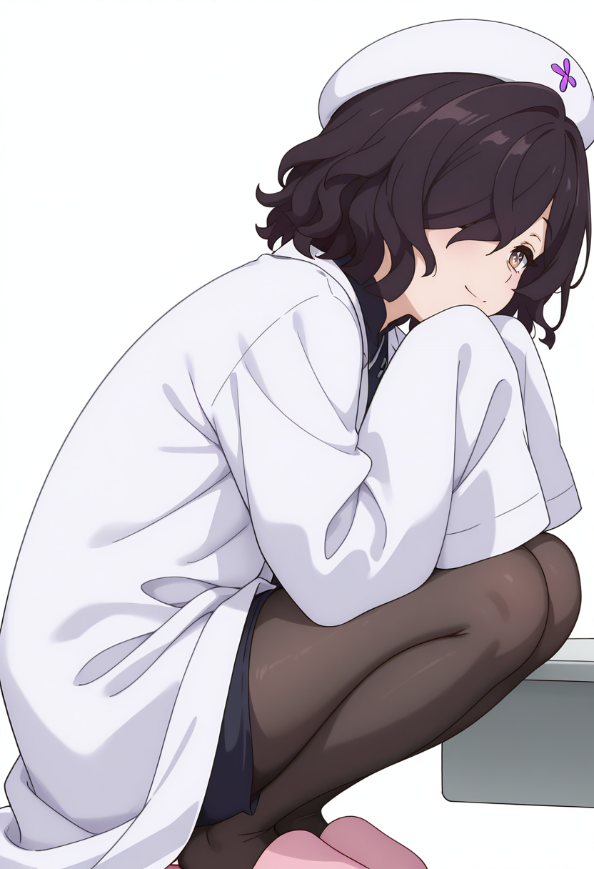 Smooth Quality,masterpiece,very intricate, high quality details, high detailed skin,detailed enviorement,absurdres, 
simple background, white background,from side,
 =^=,solo,
Kiclacnn, 1girl, black hair, brown eyes, symbol-shaped pupils, short hair, hair over one eye, 
nurse cap, lab coat,pink slippers,black pantyhose, sleeves past wrists,  <lora:Kiclacnn:0.8>