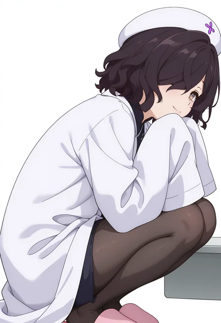 Smooth Quality,masterpiece,very intricate, high quality details, high detailed skin,detailed enviorement,absurdres,
simple background, white background,from side,
=^=,solo,
Kiclacnn, 1girl, black hair, brown eyes, symbol-shaped pupils, short hair, hair over one eye,
nurse cap, lab coat,pink slippers,black pantyhose, sleeves past wrists, <lora:Kiclacnn:0.8>