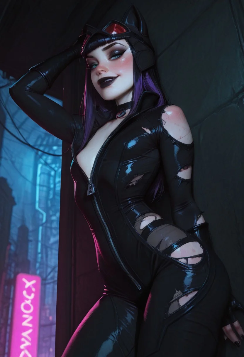 score_9,score_8_up,score_7_up,score_6_up,score_5_up, urban background, neon lights, dramatic shadows, cyberpunk, Expressiveh, 8K, best quality, beautiful face, perfect eyes, realistic eyes, high detail, accent lighting, theatrical, beautiful, cinematic light, magical, stunning, beautiful elegant, crisp focus, JmoxComic,, lazyreal; BREAK, a sexy gothic femboy slut, 1guy, 1femboy, goth femboy, adult, 30 years old, femboy, solo, very long shaggy two-toned hair, black hair, purple hair, blue eyes, flat chest, no breasts, very cute face, full lips, perfect cute face, very pale white skin, black nail polish, long and slender body, long legs, smile, sleepy eyes, petite body, very aesthetic, blunt bangs, gothic, long hair, (black lipstick:1.2), long eyelashes, eyeshadow, freckles, Expressiveh, (naughty face:1.3), leaning against wall, one leg bent, looking at viewer, front view, (face blush:1.2), (bodysuit, choker, unzipped, gloves, zipper,black bodysuit, collar, boots, fake animal ears, goggles, goggles on head, unzziped, full-length zipper, cat hat, mask, catwomanwaifu costume:1.4), (big bulgue:1.3), (ripped clothes:1.5), pale skin, smokey eyes, silver piercings, dark makeup, chest focus, upper body, front view, sexy, very detailed, high detailed texture, depth of field, cinematic illumination, volumetric lighting, (cowboy shot:1.2), (from below:1.4), cool angle, (dark but vivid colors)