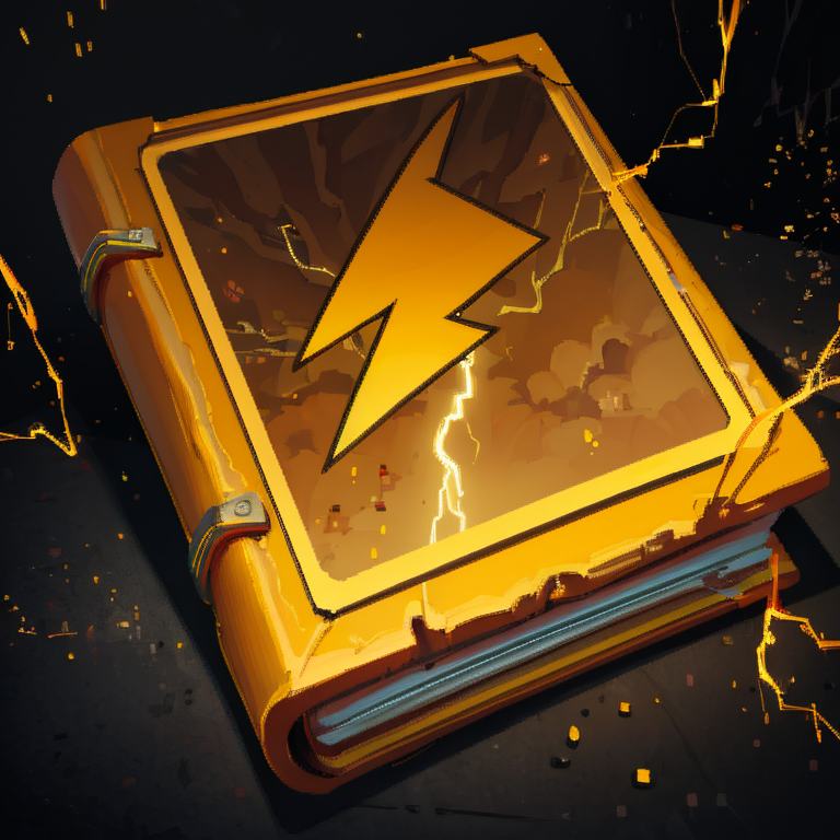 ((masterpiece,best quality)), absurdres, <lora:FantasyIcons_Books:0.8>, yellow book, glowing, lightning symbol, sparks, electricity, arch lightning