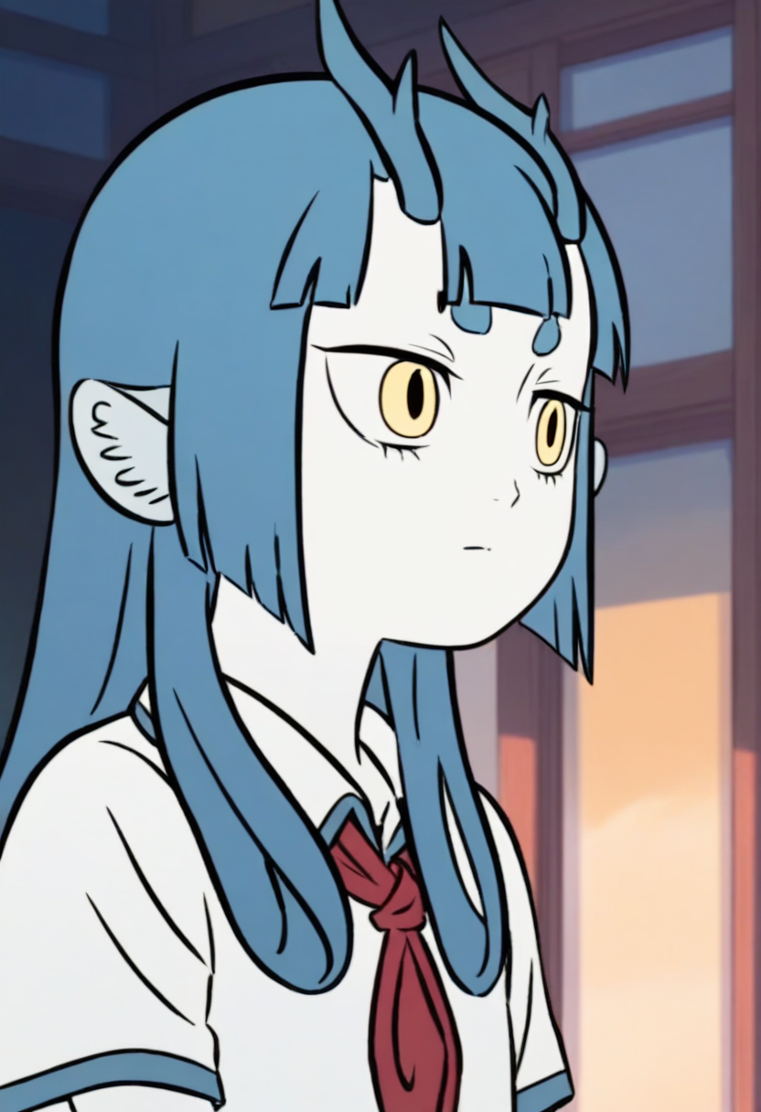 <lora:longnu:1>,longnu,1girl,horns,blue hair,long hair,blunt bangs,yellow eyes,short eyebrows,animal ears,white skin,
shirt,white shirt,school uniform,collared shirt,short sleeves,red neckerchief,, masterpiece,best quality,amazing quality,absurdres, anime screenshot,