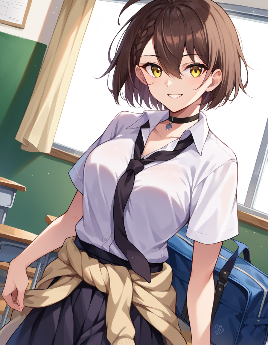 score_9, score_8_up, score_7_up, source_anime,
azurlanebaltimore, <lora:azur-lane-baltimore-ponyxl-lora-nochekaiser:1>,
baltimore, brown hair, yellow eyes, braid, ahoge, short hair, french braid, hair between eyes, bob cut,
beige cardigan, beige sweater, black choker, black necktie, black skirt, cardigan, cardigan around waist, choker, clothes around waist, collared shirt, loose necktie, necktie, official alternate costume, school bag, shirt, shirt tucked in, short sleeves, skirt, sweater, sweater around waist, tied sweater, white shirt,
indoors, classroom, smile,
looking at viewer, cowboy shot, dutch angle,