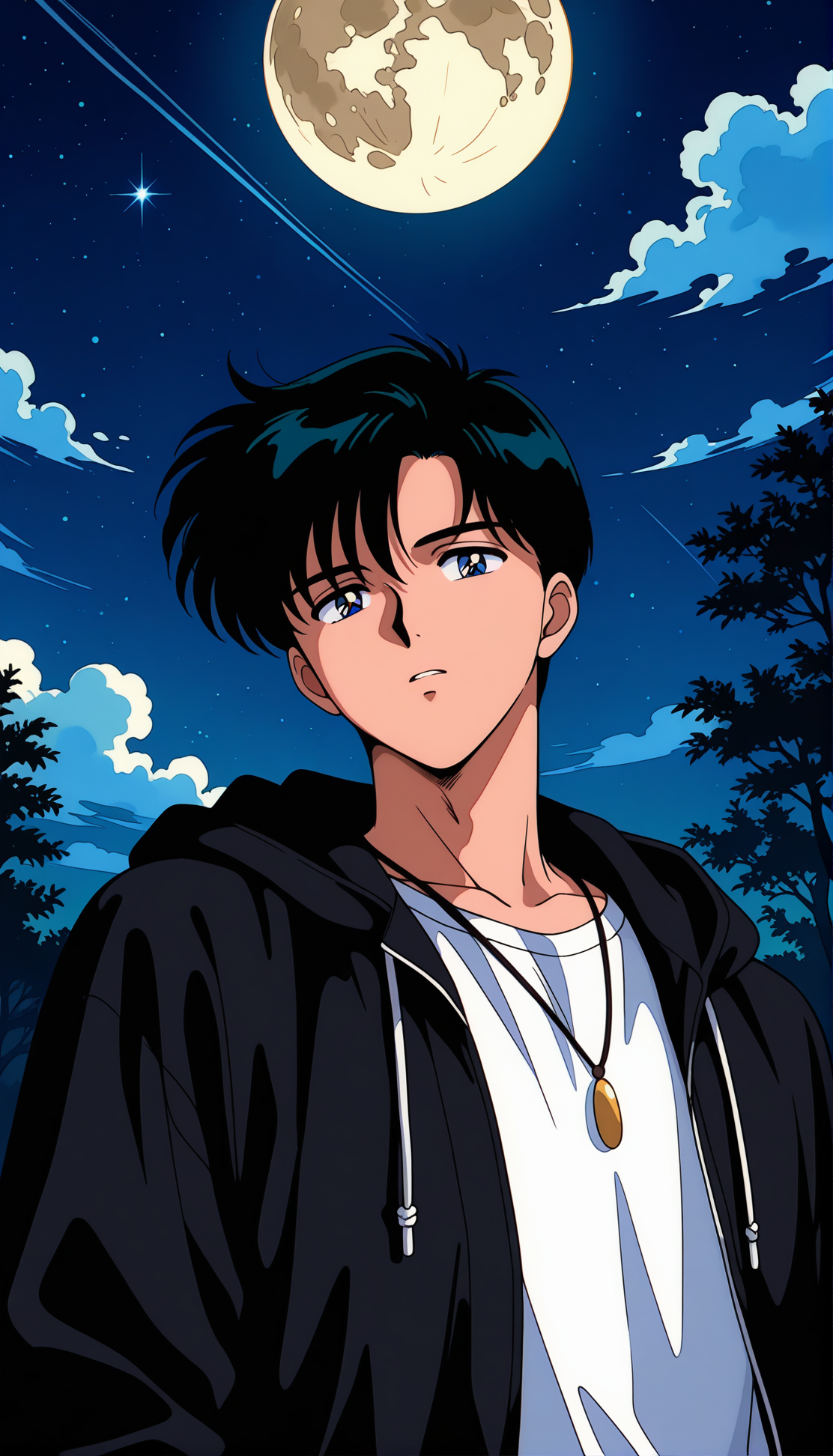 masterpiece,best quality,amazing quality,chibamamoru ill,1990s \(style\),1boy,solo,blue eyes,black hair,short hair,male focus,sky,night,moon,jewelry,night sky,outdoors,necklace,looking at viewer,star (sky),jacket,shirt,hood,cloud,starry sky,full moon,black jacket,tree,white shirt,hood down,open clothes,<lora:chibamamoru ill:0.8>,