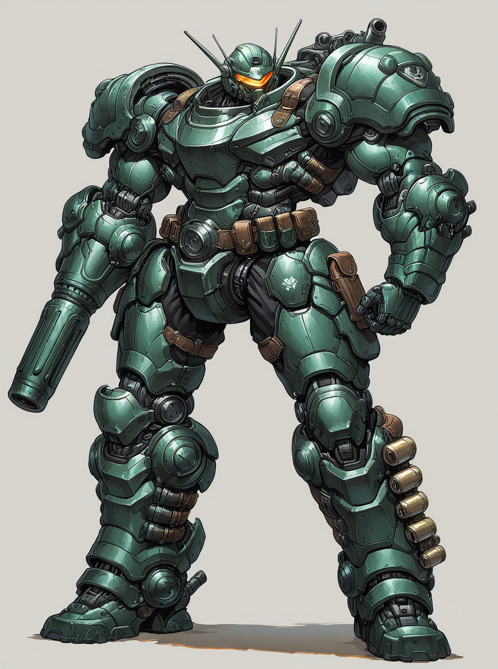 sref5761, overdesigned heavy armored mecha, big shoulders, arm cannon, cartridge belt, visor,  <lora:sxz-sref5761:0.8>