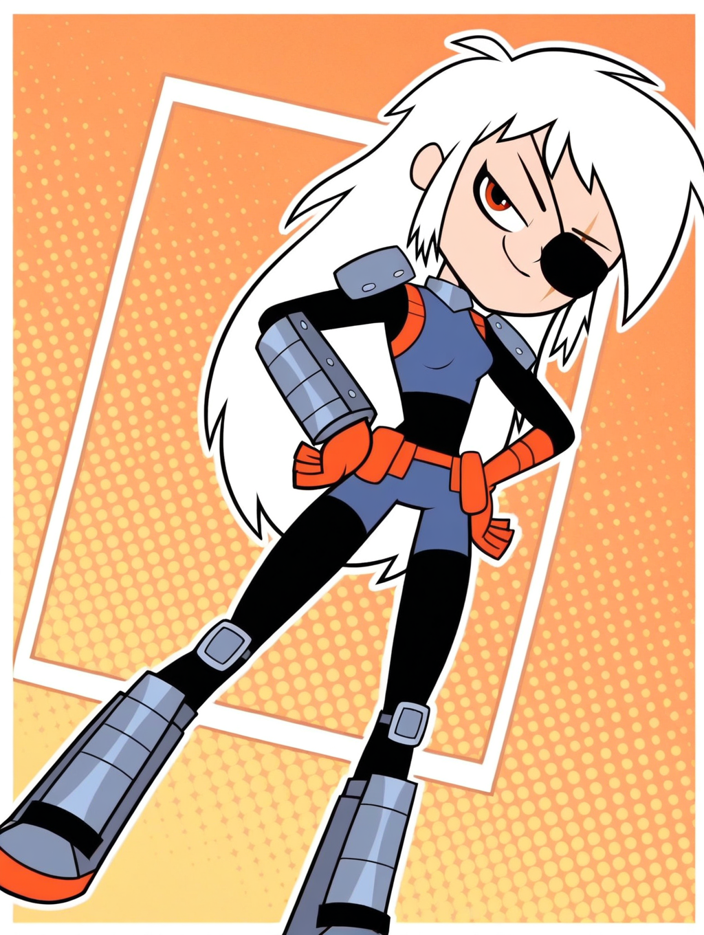 Rose_Wilson, 1girl, solo, orange eye, long hair, white hair, spiky hair, scruffy, messy, bangs, black eye-patch, scar eye, bodysuit, blue armor, metallic knee pads, orange gloves, orange utility belt, metal wrist cuffs, boots, (smile, dutch angle, Hands on hips,naughty pose, looking at viewer, solo, dynamic pose, full_body, head tilt,),(( dynamic halftone dot background, stylized background, White frame, Square frame, white outline))