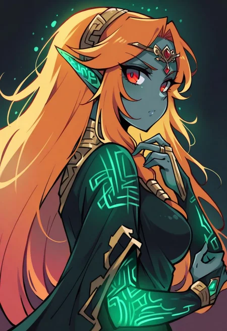((masterpiece,best quality)), zzTwilightZelda, zzTwilightZelda, glow, glowing, green glow, dark skin, grey skin, glowing tattoo, pointy ears, red eyes, orange hair, long hair, yellow sclera, <lora:princess_zelda:1> princess zelda, 1girl, bangs, breasts, bridal gauntlets, closed mouth, expressionless, from side, highres, jewelry, long hair, long sleeves, <lora:TwilightTheme_SDXL:0.8>,