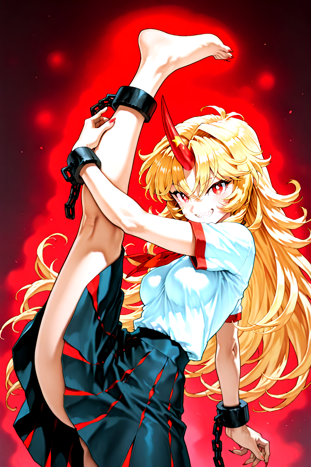 munakata_(sekimizu_kazuki):1.2,mogudan:0.7, hamada_yoshikazu:0.8 ,toriyama_akira_(style):1.1,kugara4423:1.2,touhou ,hoshiguma_yuugi , highres ,1girl ,black_skirt, blonde_hair, breasts ,bright_pupils ,cuffs ,horns,  long_hair ,looking_at_viewer, medium_breasts, open_mouth, red_eyes ,red_horns, shackles ,sharp_teeth ,shirt, short_sleeves ,single_horn ,skirt ,long skirt, solo, teeth,white_shirt, messy_hair , ^_^ ,fingernails ,grin ,hands,oni ,smile, solo,sharp_teeth,sharp_fingernails , feet, feet focus, spiked_hair ,sharp_toenails , leg_up , squatting , one leg raise up,toe,  leg_lift, muscular, muscular_female,cowboy_shot <lora:touhou_146:0.5>,<lora:illustrious_noobai_epsilon_pred_1_best_quality_v1:0.7> ,<lora:illustrious_noobai_epsilon_pred_1_masterpieces_v1:0.7>, <lora:ponyv4_noob1_2_adamW:0.5>, <lora:add_details_xl:0.7>