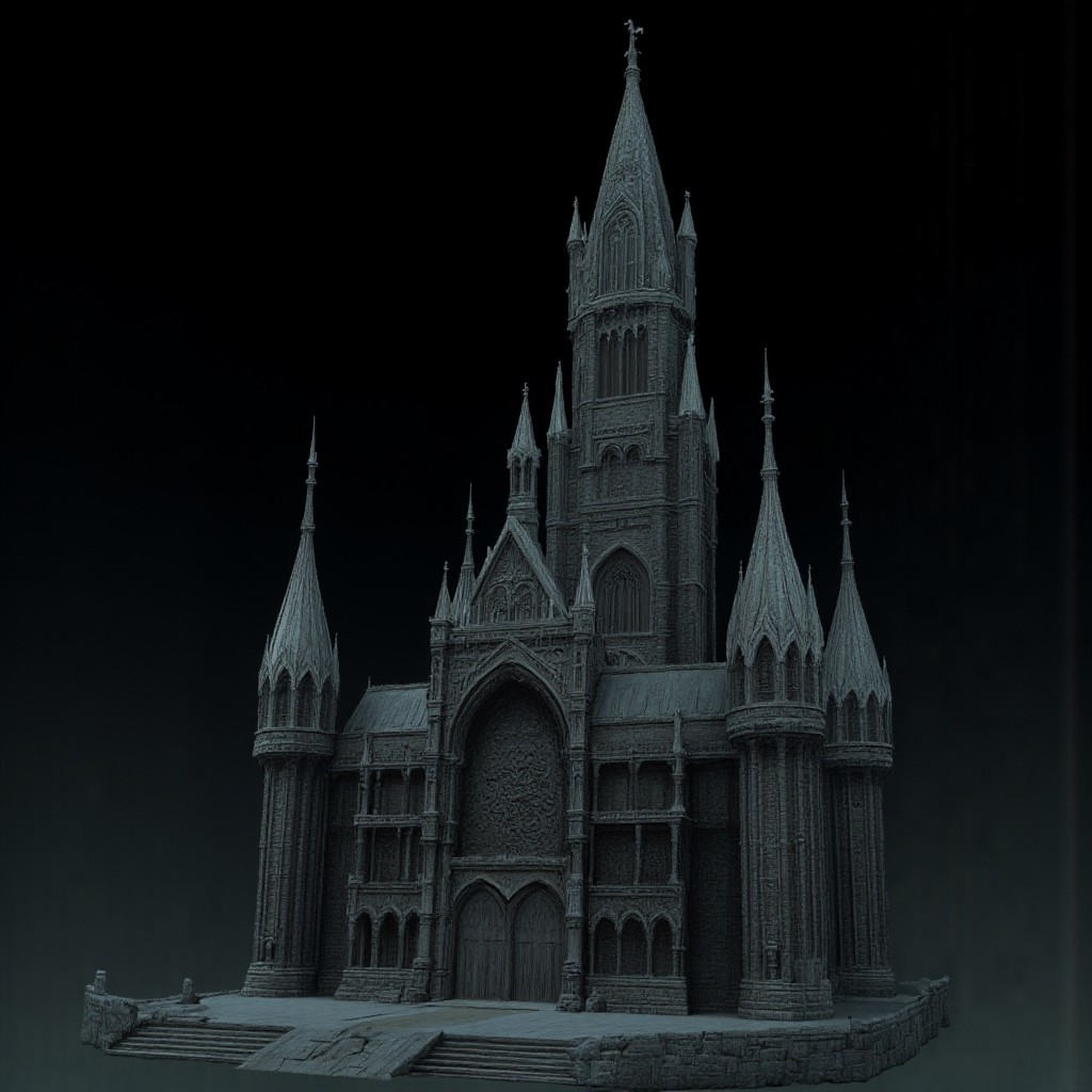 A Medieval castle with elderscrolls inspired aestetics and legend of zelda
Set against a solid dark black color background to emphasize its unsettling unnatural form that emphasizes its silhouette. The medium is not a traditional painting or illustrative medium like watercolor or ink but rather a digital 3D rendering.
MikeFranchinastyle, d4artstyle, d4concept, , bbstyle,, horror theme,, zbrush, ZBClay model of a gray sculpture, 1990's, 1990's style