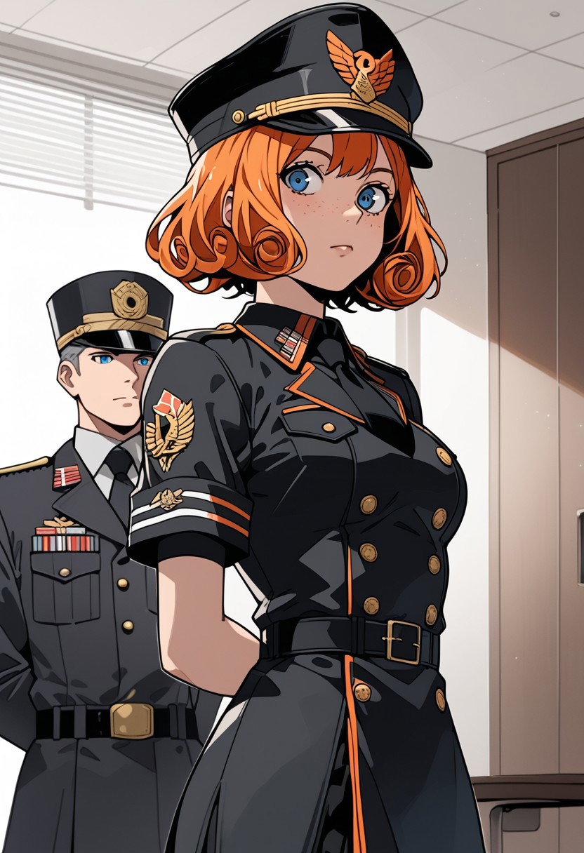 1girl, curly, short hair, fiery orange hair, short height, medium breast, bright blue eyes, round face, freckled skin, Scottish girl, 
,Eagle hat ornament, uniform, military uniform, black uniform, hat, cap, black cap, armband, collared shirt, black necktie, indoors, hands behind back, cowboy shot,