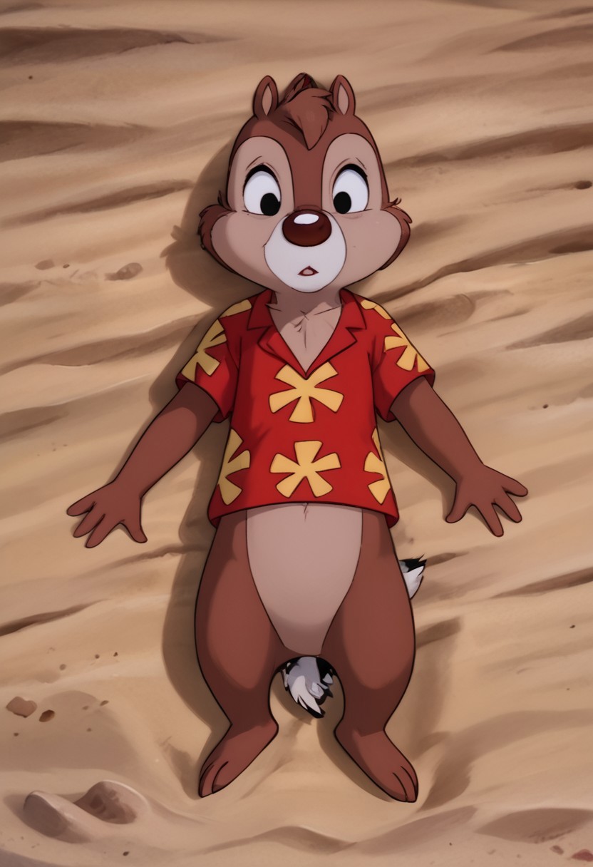 score_9, score_8_up, score_7_up, score_6_up, 1girl, hi_res, Dale, chipmuk tail, one tail, chipmunk anthro, Cartoon, detailed background, negative_hand, big eyes, 4fingers, 4k, ultra detailed, focus eyes, chipmunk legs, barefoot, (sand beach:1.4), tropical island, shirt, full body view,  front view, lying on sand, seductive look, looking at viewer
