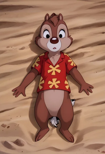 score_9, score_8_up, score_7_up, score_6_up, 1girl, hi_res, Dale, chipmuk tail, one tail, chipmunk anthro, Cartoon, detailed background, negative_hand, big eyes, 4fingers, 4k, ultra detailed, focus eyes, chipmunk legs, barefoot, (sand beach:1.4), tropical island, shirt, full body view, front view, lying on sand, seductive look, looking at viewer