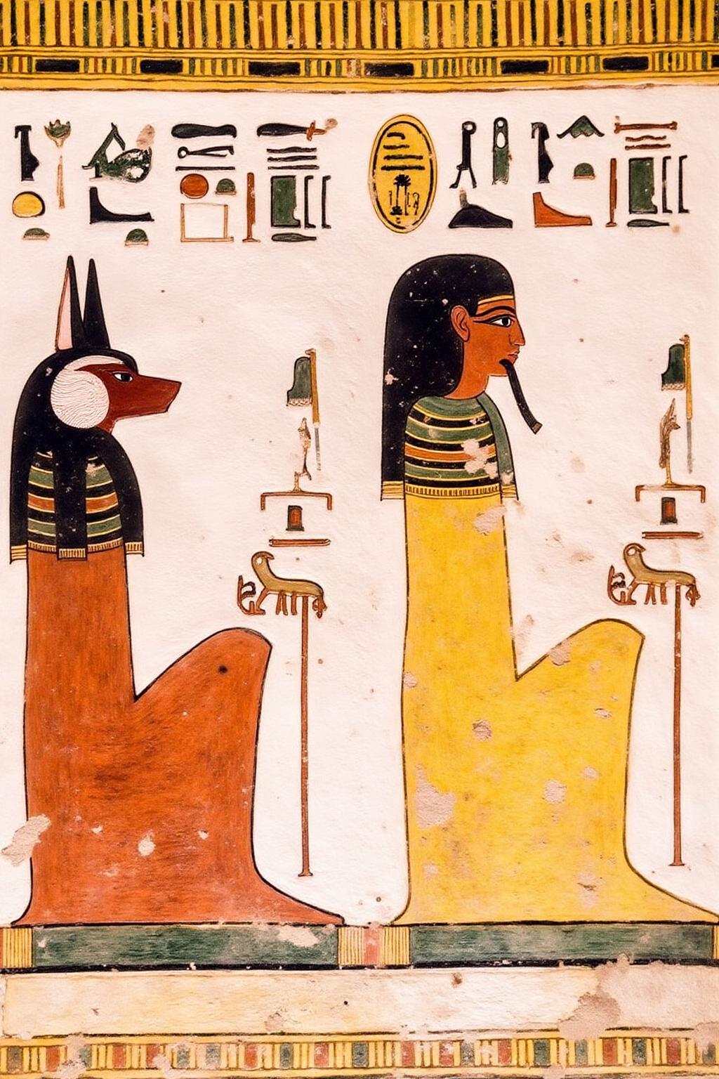 egyptian painting.
On the left is a seated figure with a dog's head. On the right is a seated pharaoh. <lora:egypt1_cap_d6a3:1.0><lora:829962280881008306:0>