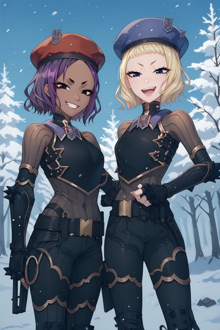 score_9, score_8_up, score_7_up, score_6_up, source_anime, two girls looking at you, standing, blue sky, forest, winter BREAK 1girl, <lora:vc4chiara-pdxl-nvwls-v1-000006:1> vc4chiara, purple hair, short hair, dark-skinned female, black eyes, red beret, black bodysuit, armor, black gloves, fingerless gloves, belt, black pants, smirk BREAK <lora:vc4nikola-pdxl-nvwls-v1:1> vc4nikola, blonde hair, short hair, mole under eye, beret, black bodysuit, fingerless gloves, belt, black pants, boots, smirk, open mouth
