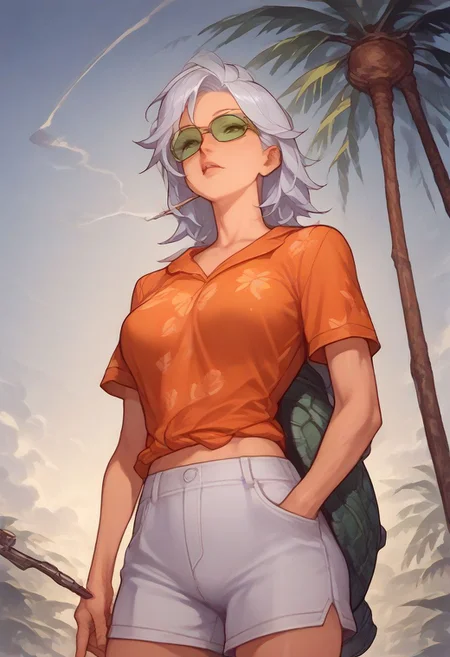 score_9, score_8_up, score_7_up, ((solo)), 1girl, pinup girl pose, a woman stands on the beach at sunset, smoking a kiseru, long white hair, sidelocks, orange hawaiian shirt, triangle alphabet shirt pattern, white shorts, green sunglasses, ((turtle shell)), background sunset beach palm tree, background Clouds, holding kiseru pose, kiseru-smoke, looking at viewer,
score_9,score_8_up,score_7_up,very aesthetic ,(masterpiece:1.4), (best quality), (colorful), (detailed) dramatic angle, unique perspective, unique angle, comic book angle and perspective, wide angle, Expressiveh