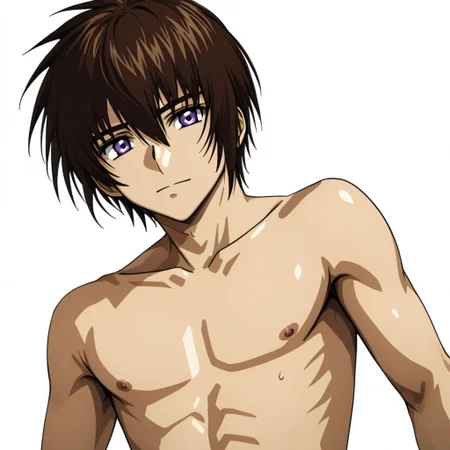 ASCII masterpiece, best quality, solo, kira_yamato, 1man, hair parted to the left, shirtless, slim lean body, detailed reflective light purple eye, (beige skin tone: 1.1), fighting, in combat, sweaty, in front of a (plain white background: 1.2), 4k, 8k, intricate detail, soft warm lighting,