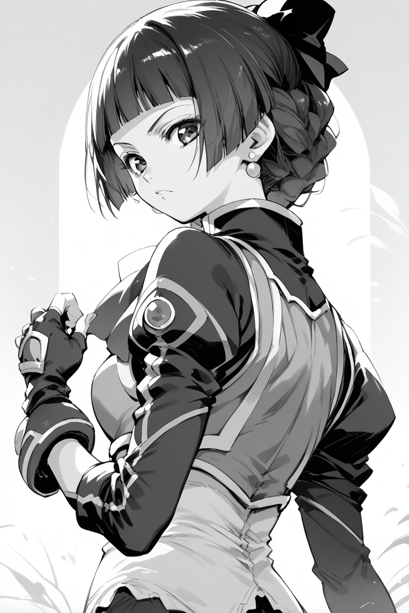 score_9, score_8_up, score_7_up, score_6_up,
  <lora:Mamiina:1> mamiina, 1girl, greyscale, monochrome, solo, earrings, jewelry, braid, looking at viewer, blunt bangs, fingerless gloves, looking back, gloves, bangs, sketch