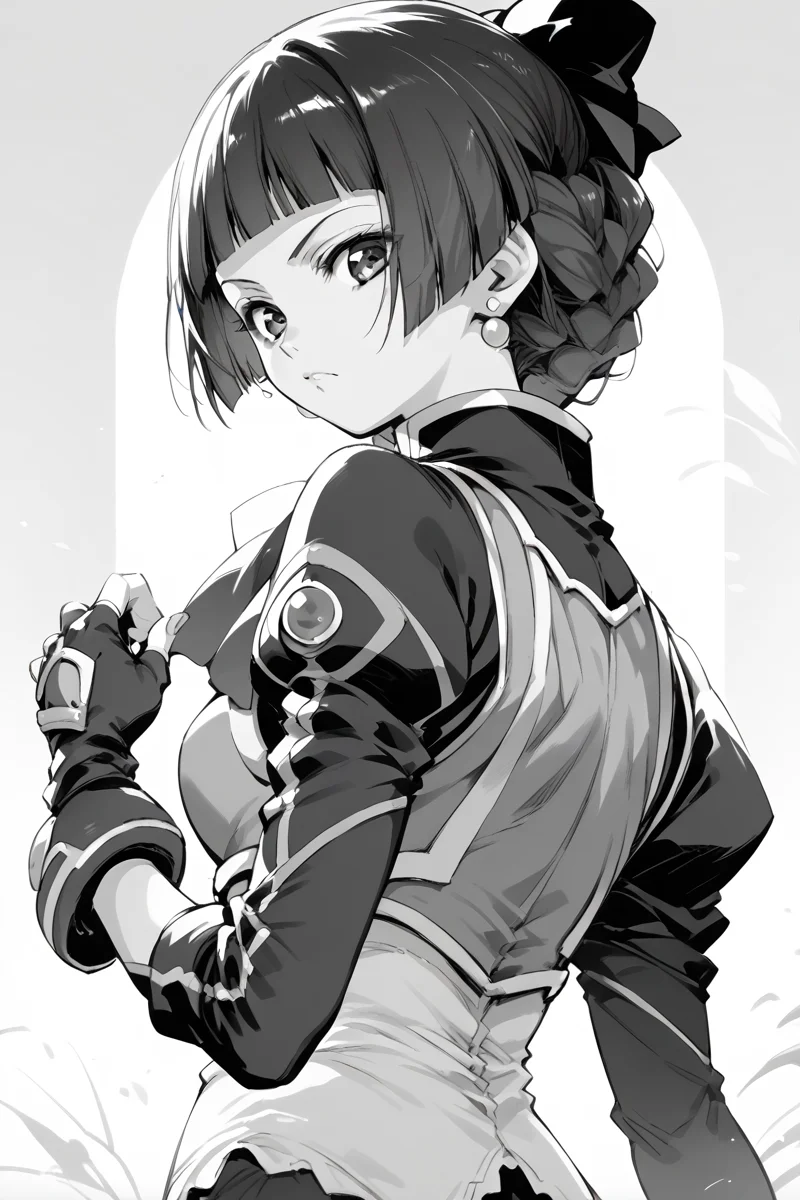 score_9, score_8_up, score_7_up, score_6_up,
<lora:Mamiina:1> mamiina, 1girl, greyscale, monochrome, solo, earrings, jewelry, braid, looking at viewer, blunt bangs, fingerless gloves, looking back, gloves, bangs, sketch