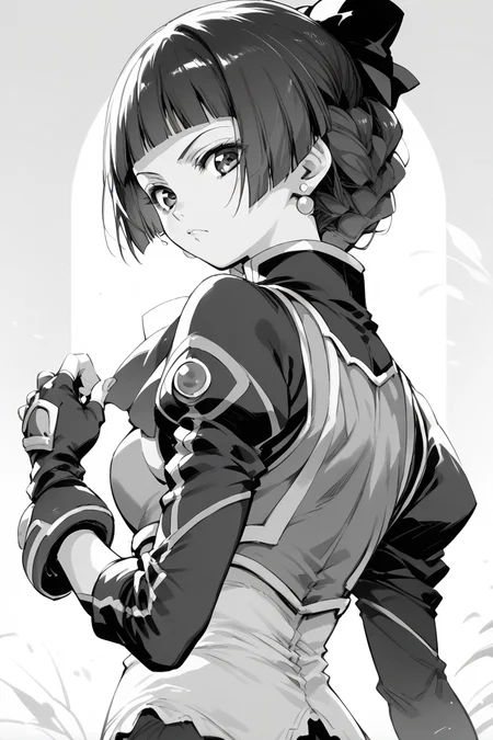 score_9, score_8_up, score_7_up, score_6_up,
  <lora:Mamiina:1> mamiina, 1girl, greyscale, monochrome, solo, earrings, jewelry, braid, looking at viewer, blunt bangs, fingerless gloves, looking back, gloves, bangs, sketch