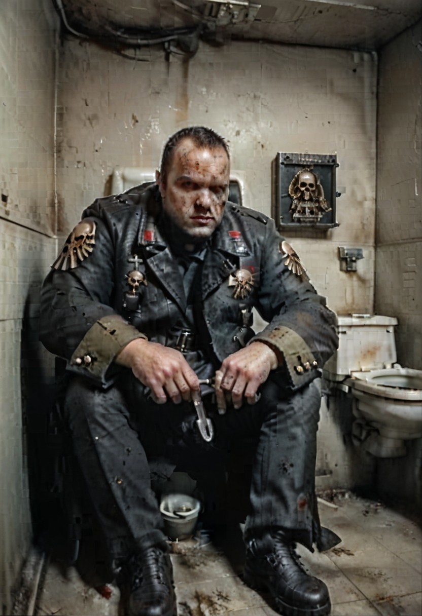 score_9, score_8_up, score_7_up,
solo, photo real, masterpiece,
absurdes, ultra detailed, amazing quality,
detailed eyes, perfect hands, detailed fingers, photography, film grains, grainy, zlnyslnk,
detailed face, detailed eyes,
looking at viewer,
underground, basement, indoors, 
public restroom, dirty toilet, cleaning toilet,
fork in hand,
unique angle, dramatic angle, brown military jacket,
muscular, sitting, playing checkers,
zlnyslnk, brtshk, short black hair, shaved face, black military jacket, spacemarinenohelmet, space marine, warhammer 40k