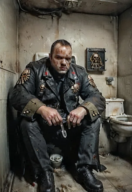 score_9, score_8_up, score_7_up,
solo, photo real, masterpiece,
absurdes, ultra detailed, amazing quality,
detailed eyes, perfect hands, detailed fingers, photography, film grains, grainy, zlnyslnk,
detailed face, detailed eyes,
looking at viewer,
underground, basement, indoors,
public restroom, dirty toilet, cleaning toilet,
fork in hand,
unique angle, dramatic angle, brown military jacket,
muscular, sitting, playing checkers,
zlnyslnk, brtshk, short black hair, shaved face, black military jacket, spacemarinenohelmet, space marine, warhammer 40k