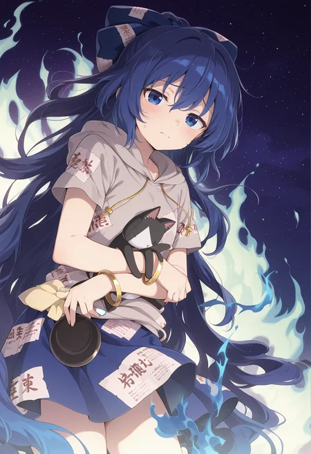 absurdres, highres, masterpiece, best quality, amazing quality, official anime artwork, screencap, anime screencap, dynamic pose, looking at viewer, 
 <lora:Shion-Yorigami-Illustrious:1> yorigami shion, 1girl, solo, blue eyes, blue hair, long hair,, hair bow, grey hoodie, short sleeves, blue skirt, bracelet, 
night, starry sky, star, worried, stuffed cat, blue fire, debt,