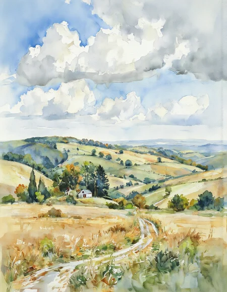 AquarelleIV. A watercolor painting of a beautiful countryside.