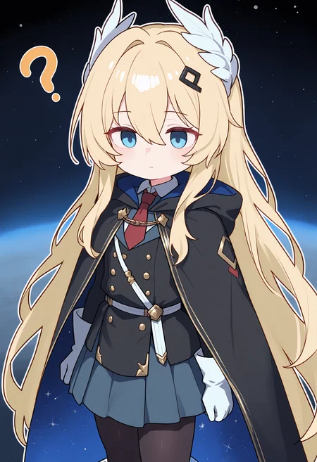 ,1girl, solo, long hair, blue eyes, skirt, blonde hair, hair ornament, gloves, hair between eyes, very long hair, pantyhose, necktie, white gloves, chibi, cape, black pantyhose, expressionless, feathers, red necktie, ?, star \(sky\), cloak, starry sky, empty eyes, feather hair ornament, space, hooded cloak, black cloak,<lora:TestTestTest!\Lk149_Style_NBV1.safetensors:0.95:0.95>,,masterpiece,best quality,newest,absurdres,highres,very awa,detail background <lora:None:0.4000000000000001>