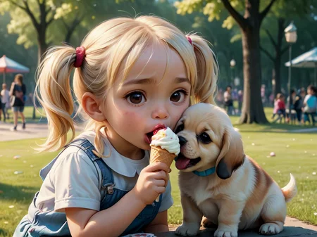 Photorealistic chibi art style,
a puppy licking an icecream cone in the park with a little blonde girl, pigtails,
<lora:RMSDXL_Enhance:1>,
<lora:add-detail-xl:0.8>,
<lora:RMSDXL_Darkness_Cinema:1>,