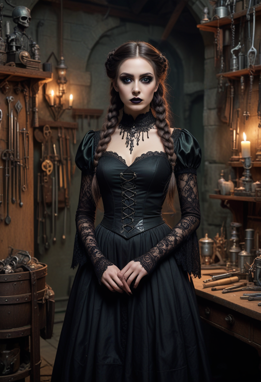 ((fashion photography)), perfect face, perfect eyes, (medium full shot) of  (vivacious gothic maiden) young woman, persian, mocha skin, dark green eyes, lithe, medium hazel double braids hair, wearing Victorian ghostly apparition attire with a tattered black gown, lace sleeves, ethereal stockings, ghostly heels, Dark burgundy lipstick, heavy black eyeliner, silver eyeshadow accents, pale skin, dark nail polish, set in  ancient castle Armory, Sturdy chamber lined with racks of gleaming weapons, suits of armor standing sentinel, a workbench cluttered with tools and metal scraps, banners hanging from the walls displaying heraldic symbols, a training area with straw dummies and wooden targets , at night, smiling at the viewer, masterpiece, best quality, photorealistic, very aesthetic