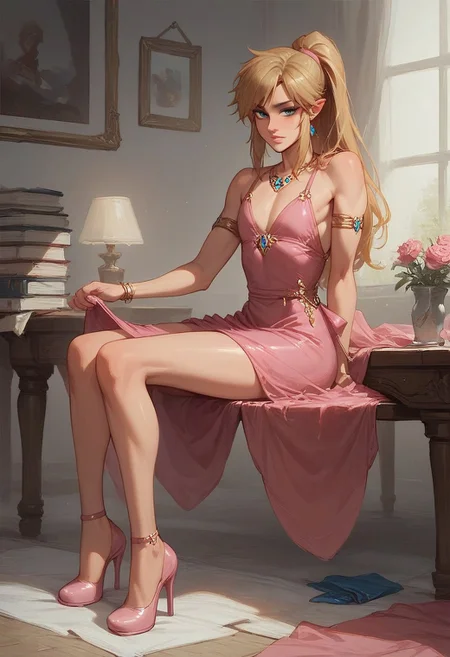 {score_9, score_8_up, score_7_up, score_6_up, 1boy, solo, focus, 2d, source_anime, anime}, {linkxl, link, male, Femboy, blue eyes, Make-up, Earrings, blonde hair, Long hair, High ponytail}, {Pink dress, princess dress, tight dress, pink heels}, {Sitting, putting on makeup, dressing table}