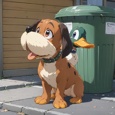 dog in trash can, duckhuntxl, duck, mallard duck, feathers, spotted dog, <lora:DuckHuntXL:.6>, (anime, masterpiece, intricate:1.3), (best quality, hires textures, high detail:1.2), (4k),(incredibly detailed:1.4),UHD, 8K, ultra detailed