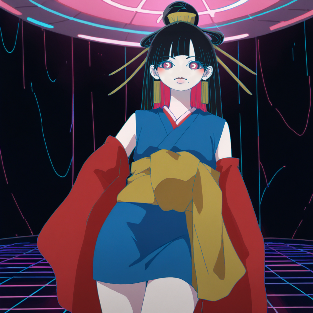 Disco-themed, score_9, score_8_up, score_7_up, score_6_up, score_5_up BREAK t1u5, 1girl, mole under mouth, colored sclera, pink eyes, symbol-shaped pupils, long hair, black hair, blue kimono, sleeveless, earrings, hair stick, hime cut, sidelocks, hair ornament, colored inner hair, yellow obi, red sleeves, detached sleeves, cowboy shot, pale skin, looking at viewer, solo, <lora:tukiGirlPDXL16v0.95cametx1:0.9>, Vibrant, groovy, retro 70s style, shiny disco balls, neon lights, dance floor, highly detailed
