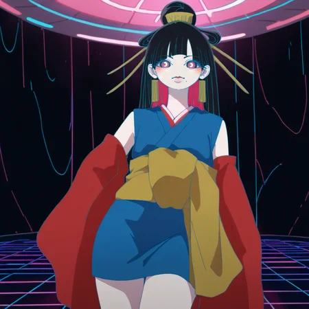 Disco-themed, score_9, score_8_up, score_7_up, score_6_up, score_5_up BREAK t1u5, 1girl, mole under mouth, colored sclera, pink eyes, symbol-shaped pupils, long hair, black hair, blue kimono, sleeveless, earrings, hair stick, hime cut, sidelocks, hair ornament, colored inner hair, yellow obi, red sleeves, detached sleeves, cowboy shot, pale skin, looking at viewer, solo, <lora:tukiGirlPDXL16v0.95cametx1:0.9>, Vibrant, groovy, retro 70s style, shiny disco balls, neon lights, dance floor, highly detailed