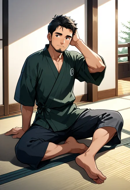 score_9, score_8_up, score_7_up, score_6_up, perfect anatomy, perfect proportions, best quality, masterpiece, high_resolution, high quality, aesthetic, absurdres, (male focus, solo male, adult, mature, masculine, manly, virile, hunky, macho, beefy, gay, homo, bara), handsome, charming, alluring, heroic, triumphant, grim, stern, BREAK (asian male, japanese male:1.3), black eyes, black hair, short hair, facial hair, beard, fit, BREAK Hannekenjinbei, japanese clothing, brown jinbei, jinbei_yarn_knitting_on_sleeves, detached_jinbei_sleeves, wide_jinbei_sleeves, short_jinbei_sleeves, side-knot closure clothing, hanzubonhalf, jinbei half pants, barefoot, sitting on tatami floor, relaxed pose, leaning slightly, one knee bent upward, other leg extended, (hand supporting head), legs spread, contemplative expression, guarded posture, view from above, blurred background, indoors, japanese architecture, washitsu, engawa, movie still, perfect face, vibrant, vivid, stardom, glamorous, retro, old fashioned, old technicolor film style, film grain, aged film stock, extraordinary achievement, award-winning, expressionist, cinematic, cinematic still, emotional, harmonious, vignette, bokeh, cinemascope, moody, epic, gorgeous
