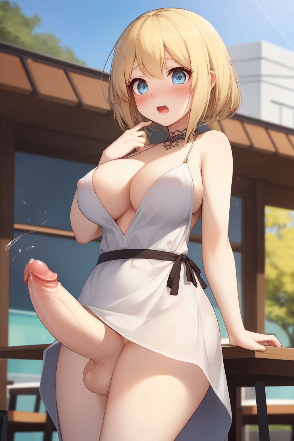 masterpiece, best quality, highest quality, highly detailed,
beautiful, intricate details, absurdres, 
1girl, solo, blonde hair, blue eyes, 
white dress, 
medium breasts, blush, (surprised:1.2), 
futanari, veiny penis, (huge penis:1.1), large testicles,
no panties, 
BREAK
outdoors, restaurant, public indecency, 
BREAK
from below,
