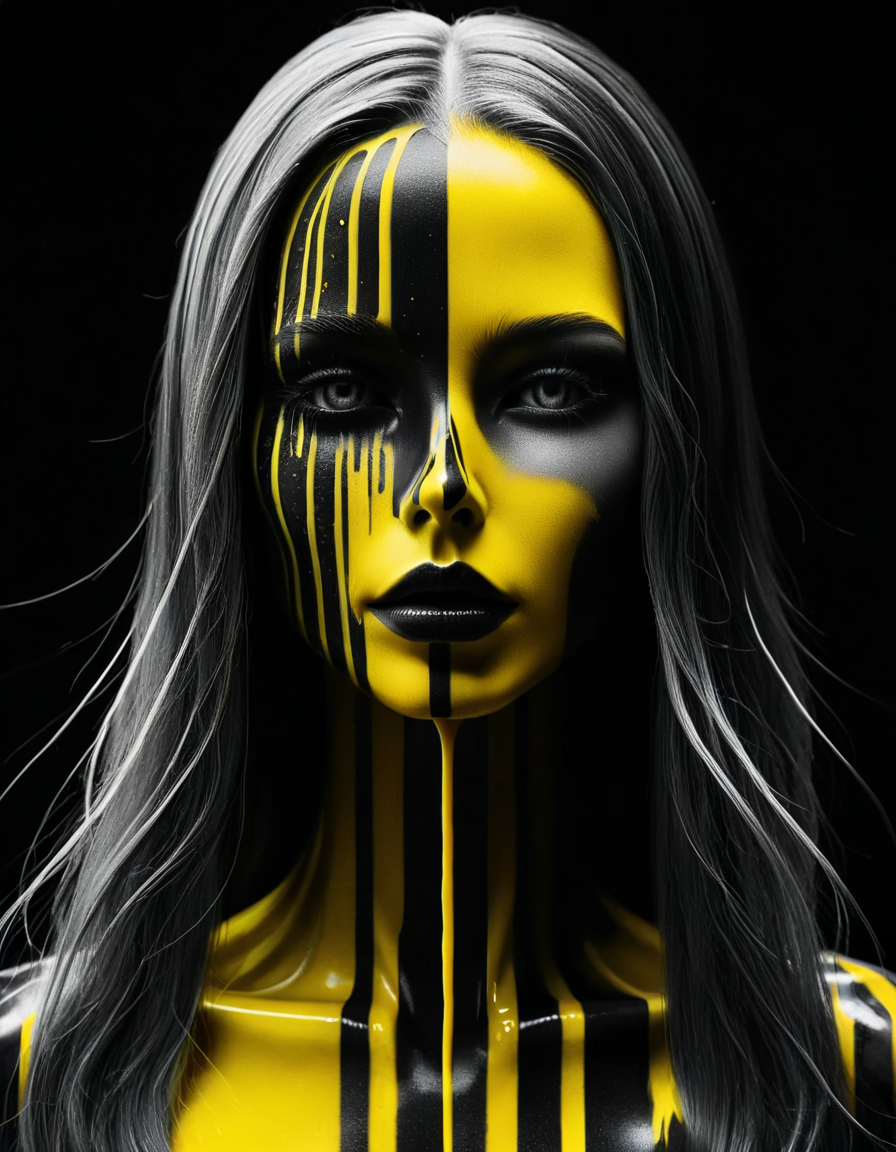 An Abstract surreal n Abstract surreal colorful simple painted newage cyborg spacegirl with long vibrant hair throughout the frame, yellow-black Blood fountain in Outer space, made of lines, vertical lines <lora:ral-chrosc-bw:1> ral-chrosc-bw