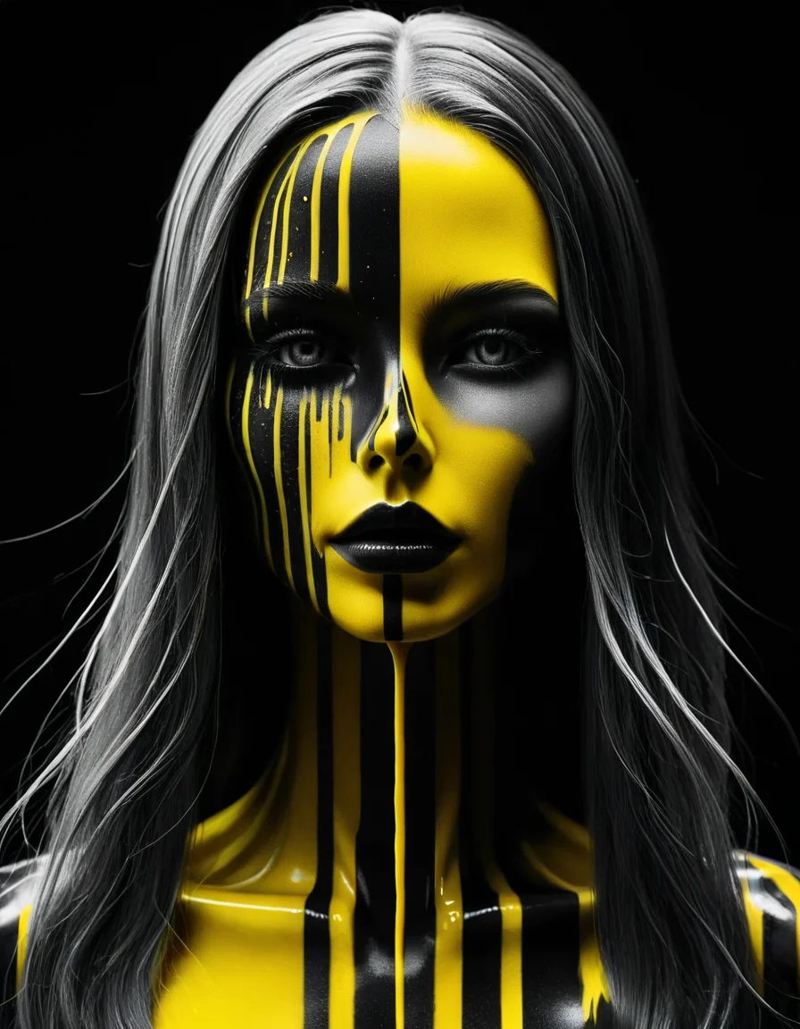 An Abstract surreal n Abstract surreal colorful simple painted newage cyborg spacegirl with long vibrant hair throughout the frame, yellow-black Blood fountain in Outer space, made of lines, vertical lines <lora:ral-chrosc-bw:1> ral-chrosc-bw