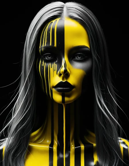 An Abstract surreal n Abstract surreal colorful simple painted newage cyborg spacegirl with long vibrant hair throughout the frame, yellow-black Blood fountain in Outer space, made of lines, vertical lines <lora:ral-chrosc-bw:1> ral-chrosc-bw