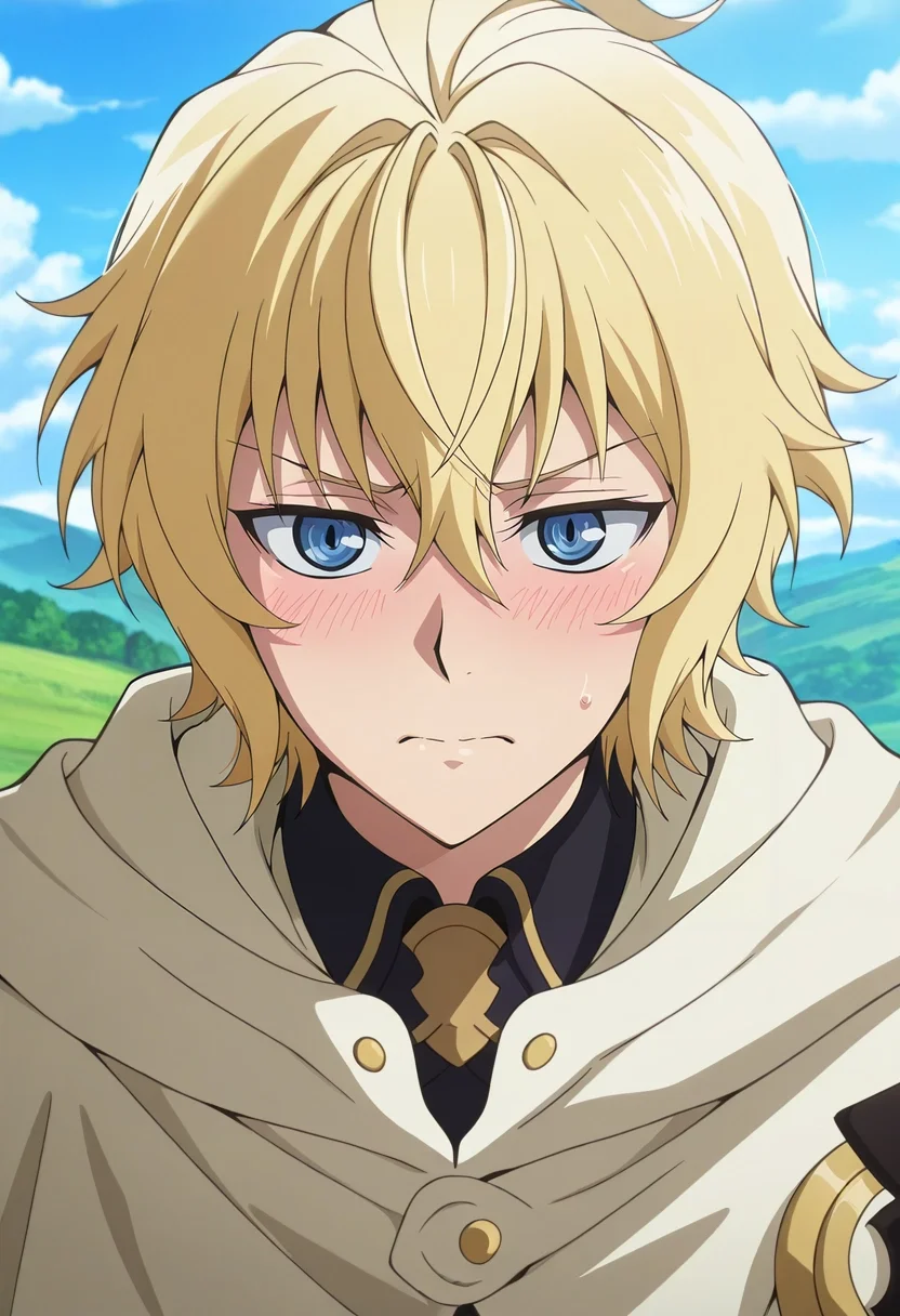 masterpiece, best quality, , anime screencap, anime coloring, official style, looking at viewer, 1boy, solo, male focus, <lora:mikaela_hyakuya_ilxl:0.96>, mikaela_hyakuya, blonde hair, blue eyes, short hair, hair between eyes, bangs, ahoge, , close-up, hill, greenery, day, clouds, villain pose, shy, blush,