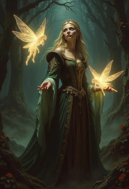 An atmospheric and powerful dark fantasy, natural organic and impressionist classical-style painting ,
beautiful blonde princess, medieval attire, surrounded by glowing fairies, in the style of an old 80's VHS dark fantasy, VHS screen grab, grainy, old footage, in the style of an old 80's VHS dark fantasy, VHS screen grab, grainy, old footage