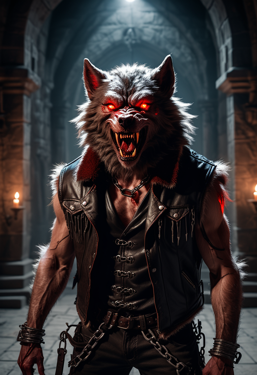 (medium full shot) of (bloodthirsty werewolf), tawny fur, glowing red eyes, wearing leather vest,  iron shackles,  set in  a haunted castle hall with flickering torches, echoing footsteps, an oppressive air, during a full moon, ,Masterpiece,best quality, raw photo, realistic, very aesthetic