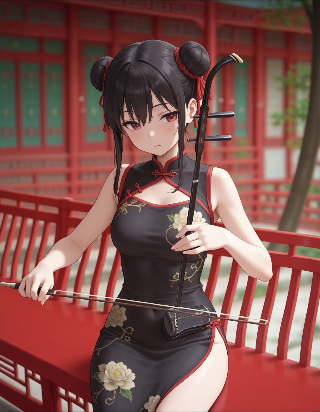 masterpiece,best quality,amazing quality,very aesthetic,high resolution,ultra detailed,perfect details,anime coloring,
1girl,china dress,
<lora:mai_playing_erhu:1>,mai_playing_erhu,sitting,