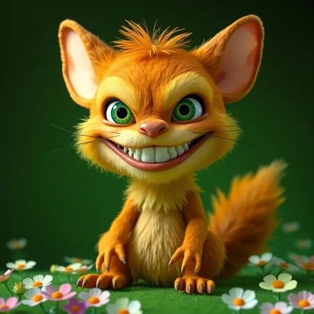 The image shows an exaggerated, cartoon-like creature with large green eyes, sharp teeth, and a wide, mischievous smile. It has a yellowish-brown fur coat, long whiskers, and sharp claws, with a bushy tail. The setting is a simple flowers green background.  highly detailed, high contrast, film grain, Rim Lighting, absurdres, amazing quality,,solo, smile, simple background, animal ears, sitting, tail, full body, teeth, cat ears, grin, cat tail, no humans, cat, sharp teeth, black background, claws, outline, green theme,realistic,, rich vivid colors, fertile, professional creative, dynamic cinematic perfect background, very coherent 