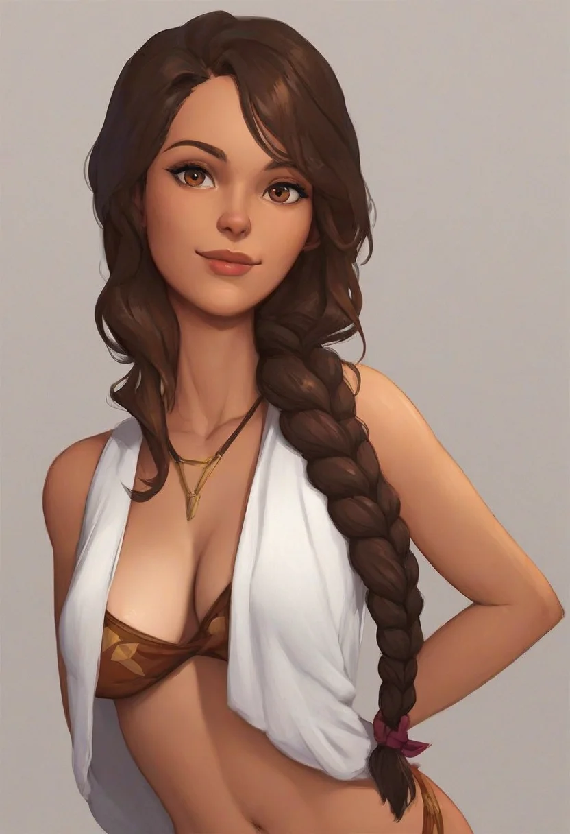 score_9, score_8_up, score_7_up, 1girl, solo, carol_of_the_arrow, brown hair, brown eyes, dark skin, long hair, braid, bikini, posing, light smile, simple background