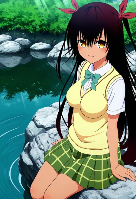 masterpiece, best quality, medium breasts, anime screenshot, to love-ru, to love-ru darkness, absurdres, highres, smile, solo,
master_nemesis, nemesis, long hair, black hair, ribbon, twintails, hair ribbon, yellow eyes, dark skin, dark-skinned female, mature female, large breasts, anime screencap,
green skirt, plaid, plaid skirt, sainan school uniform, school uniform, skirt, sweater vest, yellow sweater, short sleeves,
sitting on a rock, lakeside, gentle breeze, reflective water, warm sunlight, relaxed expression, looking at viewer, smile, side view, from above, Sitting on a smooth rock by the crystal-clear lake, she leans back on her hands, letting out a soft sigh of contentment. The afternoon sun glistens on the rippling water, creating shimmering reflections that dance across her clothes. hair sways in the light breeze.