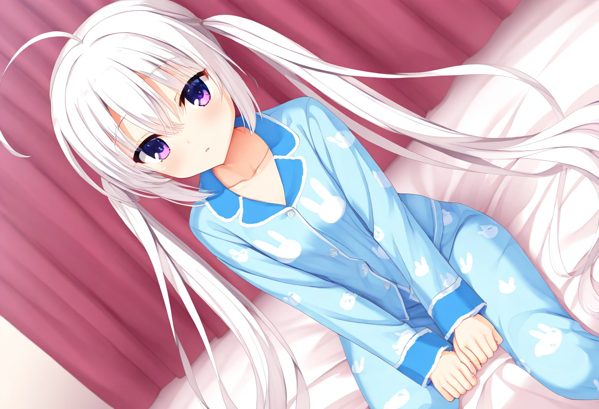 yuzu cg, 1girl, pajamas, purple eyes, long hair, twintails, solo, white hair, dutch angle, looking at viewer, animal print, indoors, ahoge, sitting, hair between eyes, rabbit print, v arms, very long hair, curtains, cat print, on bed, blue pajamas, long sleeves, collarbone
masterpiece,best quality,highres,absurdres,
<lora:yuzusoft2_NoobVpred06:1>,