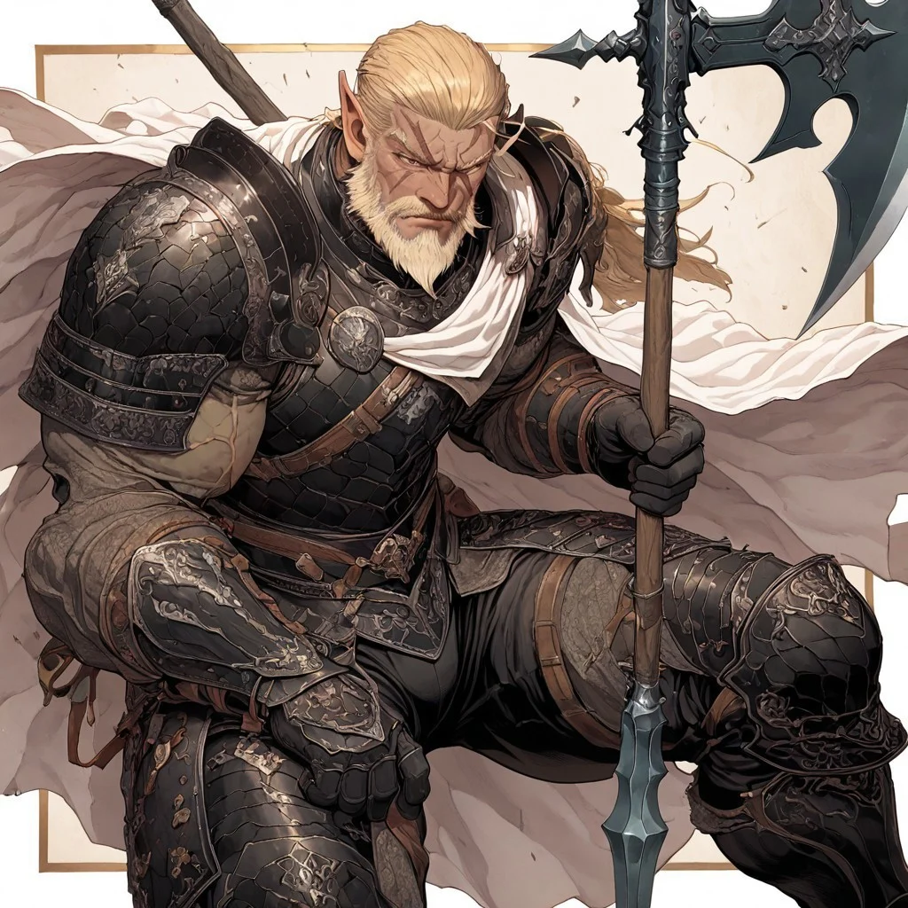 masterpiece, best quality, newest, absurdres, highres, INCV1.0

1boy, manly, elf, beard, muscular male, blonde, blonde hair, pointy ears, scar, scar on face, armor, cape, chestplate, chest armor, black armor, black leather, white cape,
dynamic pose, polearm, holding polearm, holding weapon, weapon, halberd, holding halberd