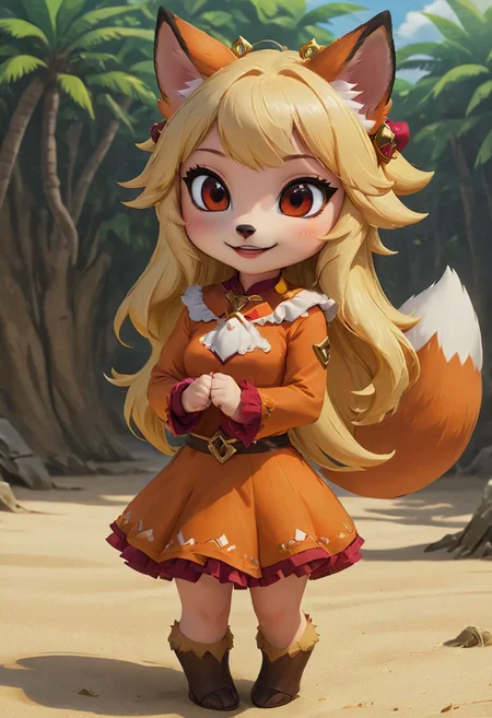 furry fox girl, ((brown fox)), (chibi), 
bad fox, with red big eyes,  beach,
(orange) dress, portrait, long blonde hair,
Hyperrealistic art high-quality portrait flat matte drawing of a cute Nendoroid and cartoon style, anime flat style, thick drawing, medium close-up", (solo:1.2), photorealistic:1.5, 8k, texture skin, realistic skin, detailed skin, highest detailed, extreme detailed, 8k wallpaper, colorful, (dark magic), ring with the stone, (intricate details), (hyperdetailed), 8k hdr, high detailed, lot of details, high quality, soft cinematic light, atmospheric perspective (focus on), color Ink wash painting, Extremely high-resolution details, photographic, realism pushed to extreme, fine texture, incredibly lifelike,